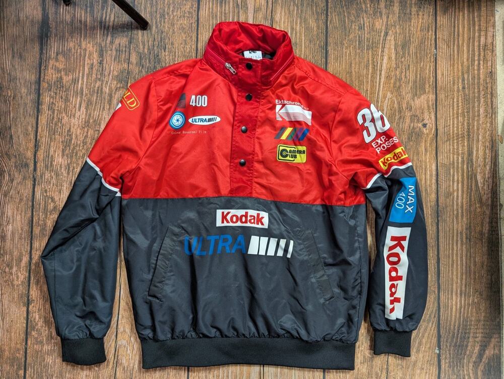 Mens Kodak Ultra Red Black Racing Pullover Snap Jacket Size Small Hideaway Hood